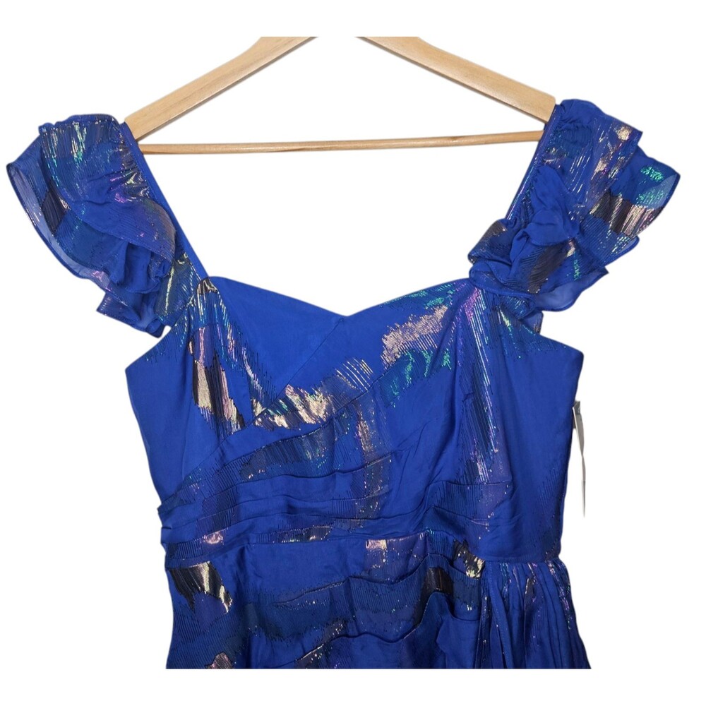 SHOSHANNA Midnight Neva Dress 10 Blue Metallic Ruffled Righteous Gemstones ASOTV - Picture 4 of 11